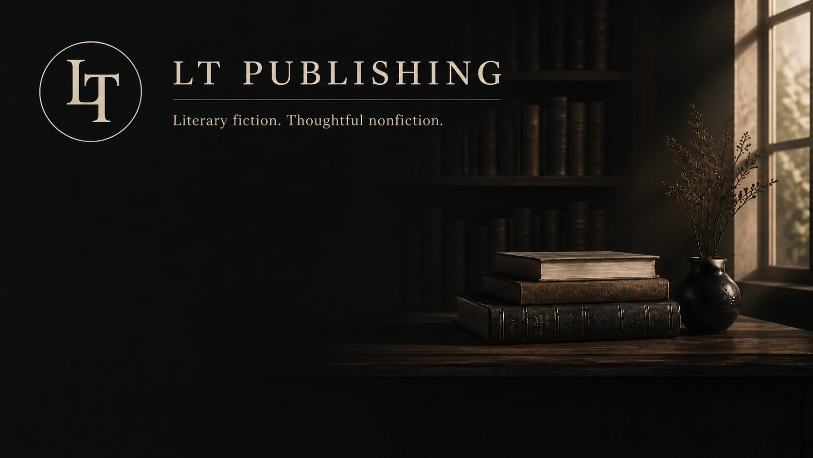 LT Publishing logo beside books and a window in a dark literary interior